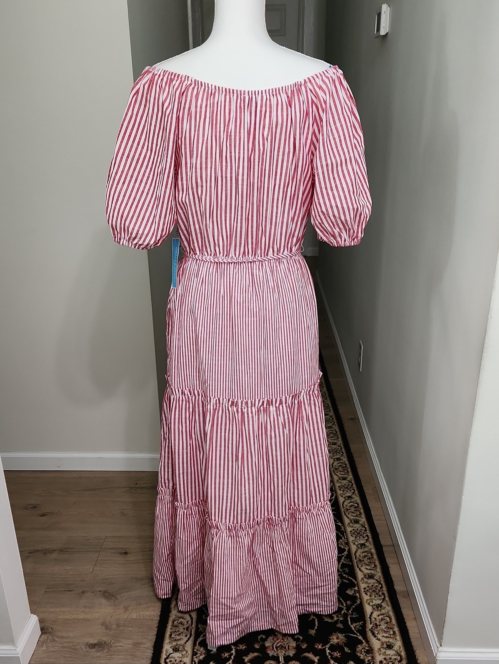 DRAPER JAMES RSVP Puff Sleeve Tiered Maxi Dress Red White Striped Size Medium - Picture 7 of 16
